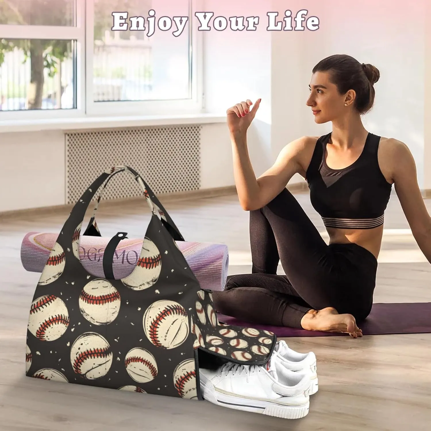 Gym Bag for Women Baseballs Prints Duffel Bag with Shoe Compartment and Yoga Mat Holder Portable Weekender Bags Travel Tote Bags
