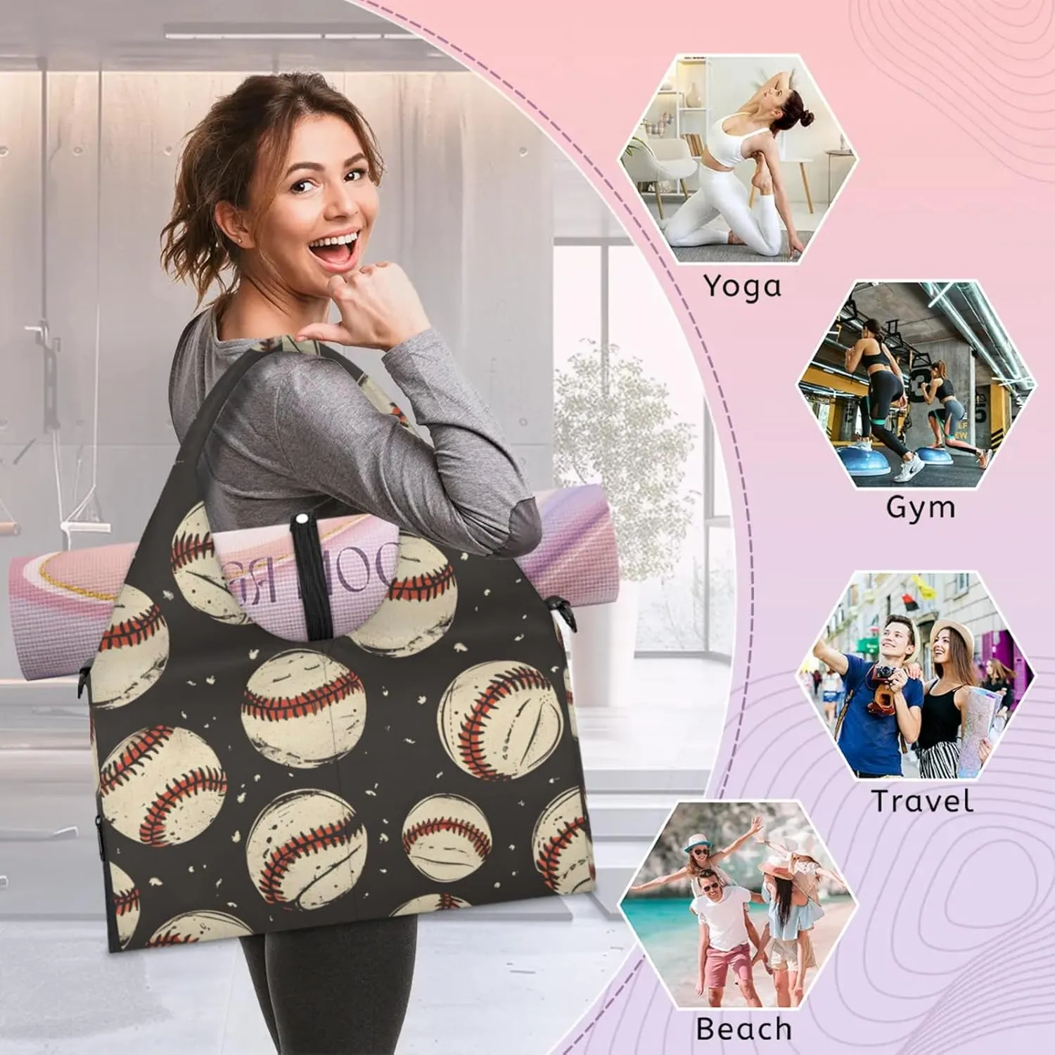Gym Bag for Women Baseballs Prints Duffel Bag with Shoe Compartment and Yoga Mat Holder Portable Weekender Bags Travel Tote Bags