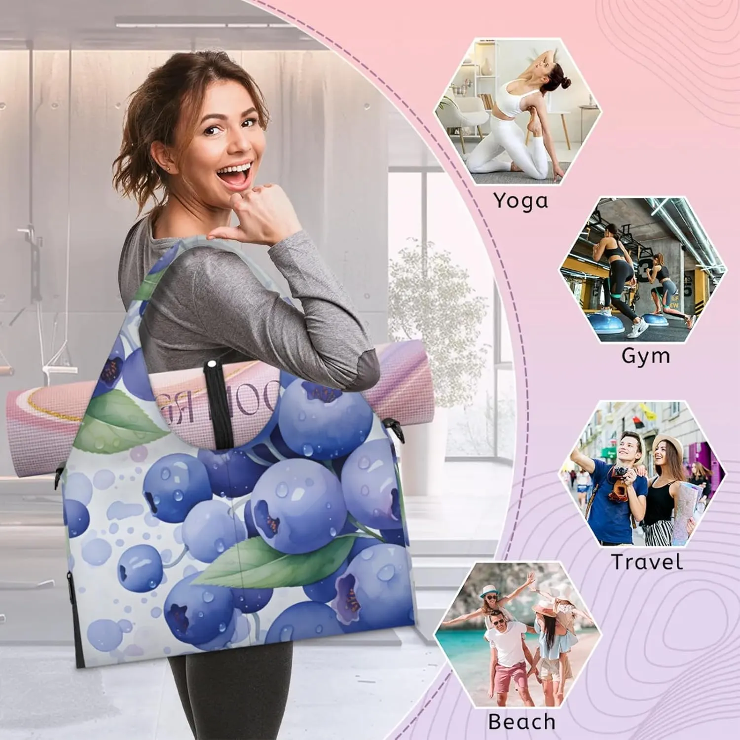 Gym Bag for Women Blueberry Duffel Bag with Shoe Compartment and Yoga Mat Holder Portable Weekender Bags Travel Tote Bags