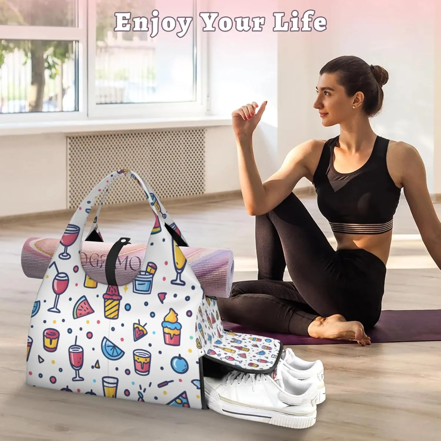 Gym Bag for Women Cartoon Beverage Duffel Bag with Shoe Compartment and Yoga Mat Holder Portable Weekender Bags Travel Tote Bags