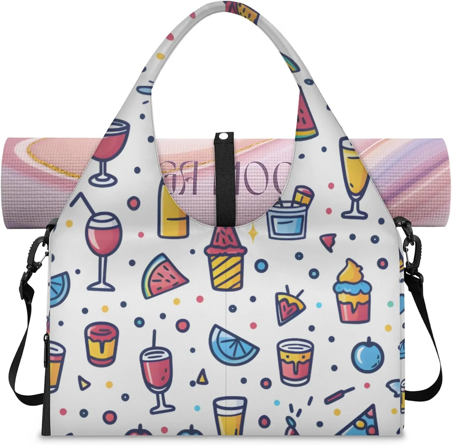 Gym Bag for Women Cartoon Beverage Duffel Bag with Shoe Compartment and Yoga Mat Holder Portable Weekender Bags Travel Tote Bags