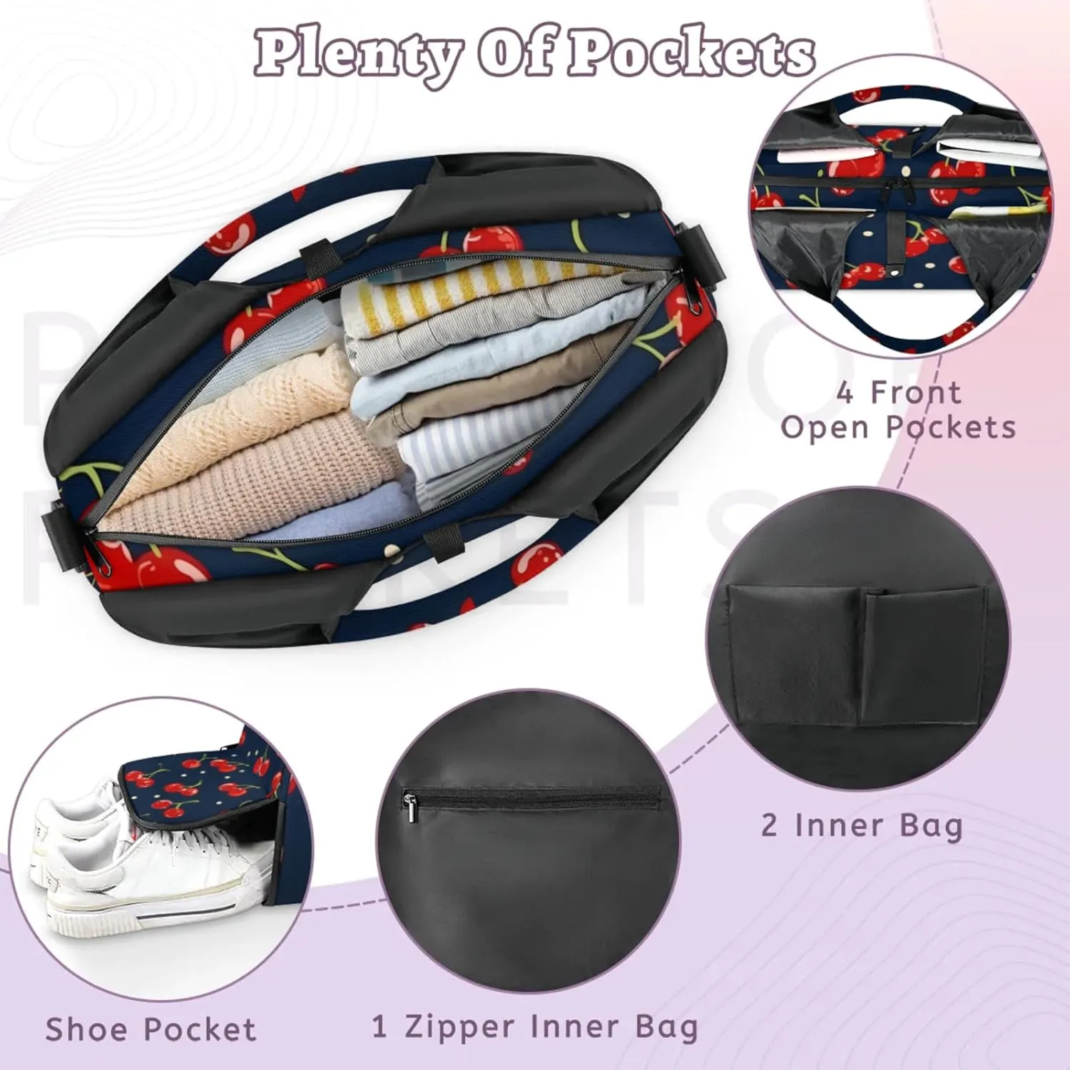 Gym Bag for Women Cherry Fruit Theme Duffel Bag with Shoe Compartment and Yoga Mat Holder Portable Weekender Bags Travel Tote Bags