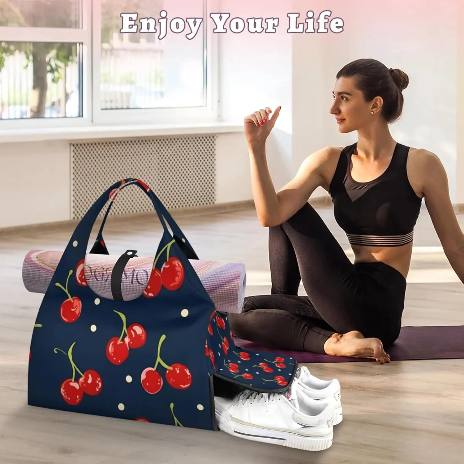 Gym Bag for Women Cherry Fruit Theme Duffel Bag with Shoe Compartment and Yoga Mat Holder Portable Weekender Bags Travel Tote Bags