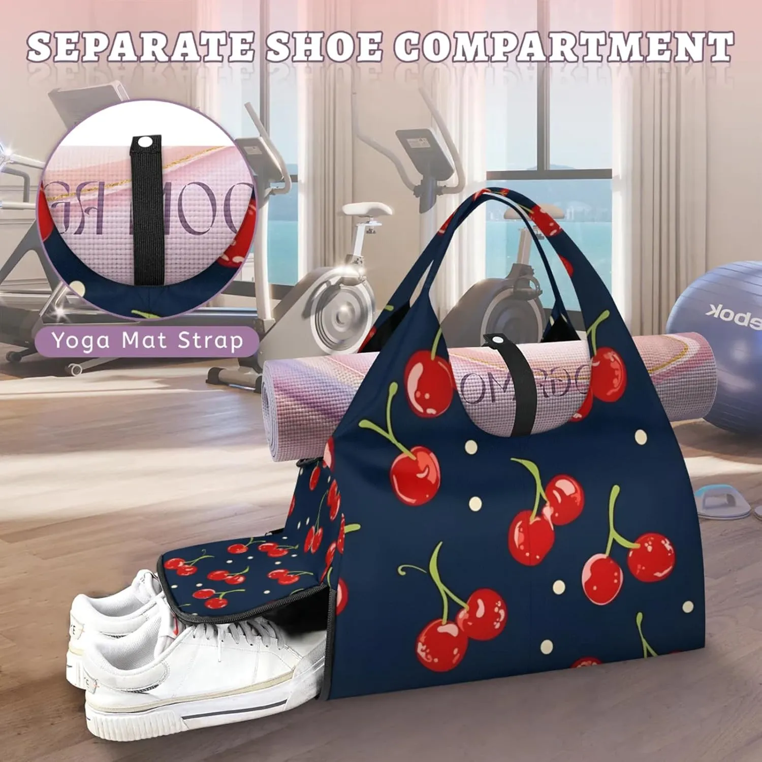 Gym Bag for Women Cherry Fruit Theme Duffel Bag with Shoe Compartment and Yoga Mat Holder Portable Weekender Bags Travel Tote Bags