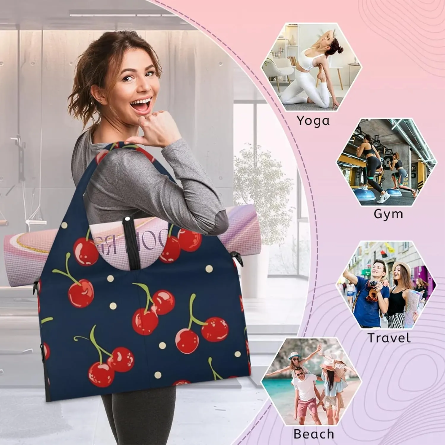 Gym Bag for Women Cherry Fruit Theme Duffel Bag with Shoe Compartment and Yoga Mat Holder Portable Weekender Bags Travel Tote Bags