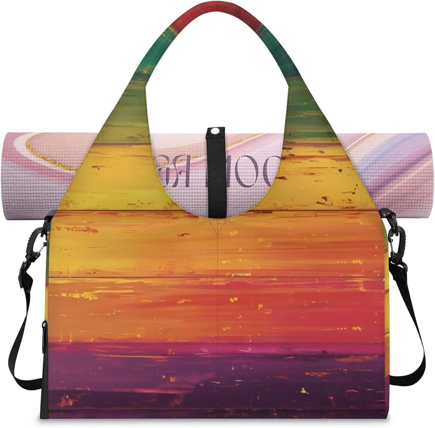 Gym Bag for Women Colorful Wood Board Duffel Bag with Shoe Compartment and Yoga Mat Holder Portable Weekender Bags