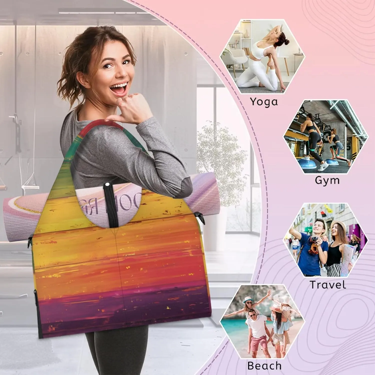 Gym Bag for Women Colorful Wood Board Duffel Bag with Shoe Compartment and Yoga Mat Holder Portable Weekender Bags