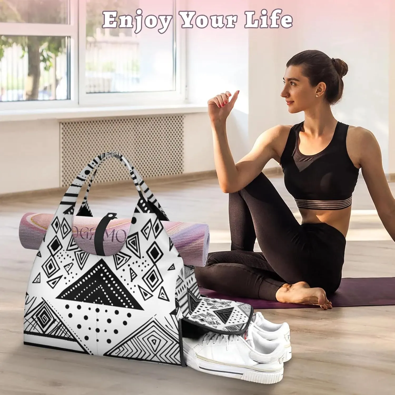 Gym Bag for Women Colorful Wood Board Duffel Bag with Shoe Compartment and Yoga Mat Holder Portable Weekender Bags