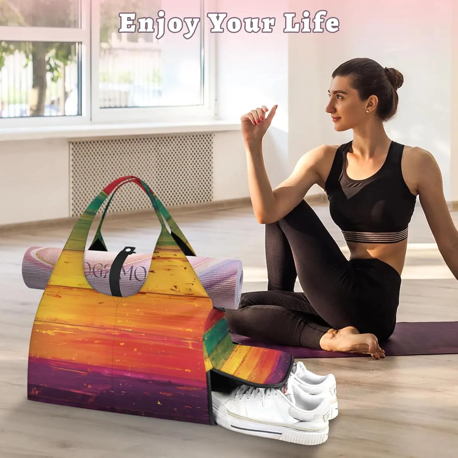 Gym Bag for Women Colorful Wood Board Duffel Bag with Shoe Compartment and Yoga Mat Holder Portable Weekender Bags