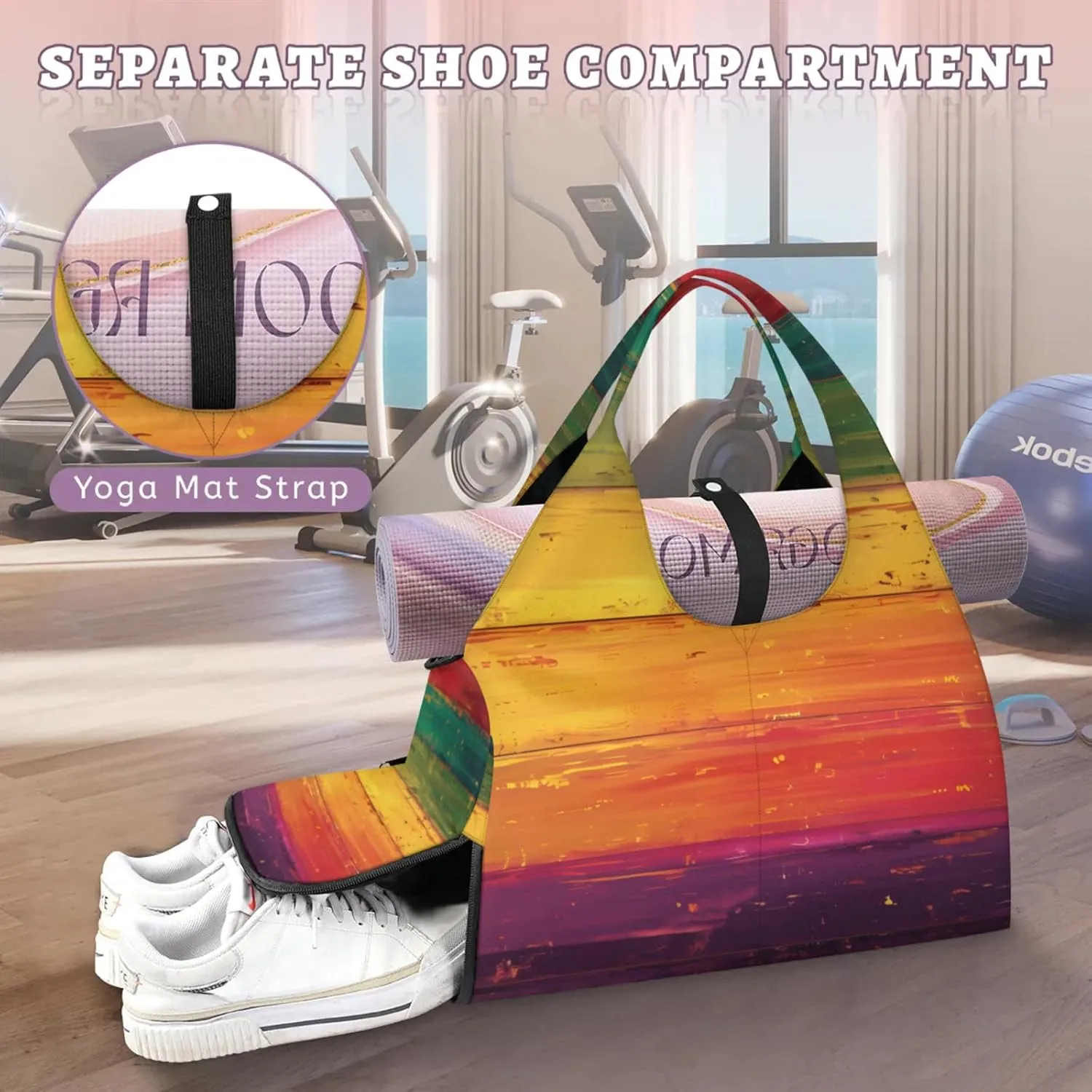 Gym Bag for Women Colorful Wood Board Duffel Bag with Shoe Compartment and Yoga Mat Holder Portable Weekender Bags
