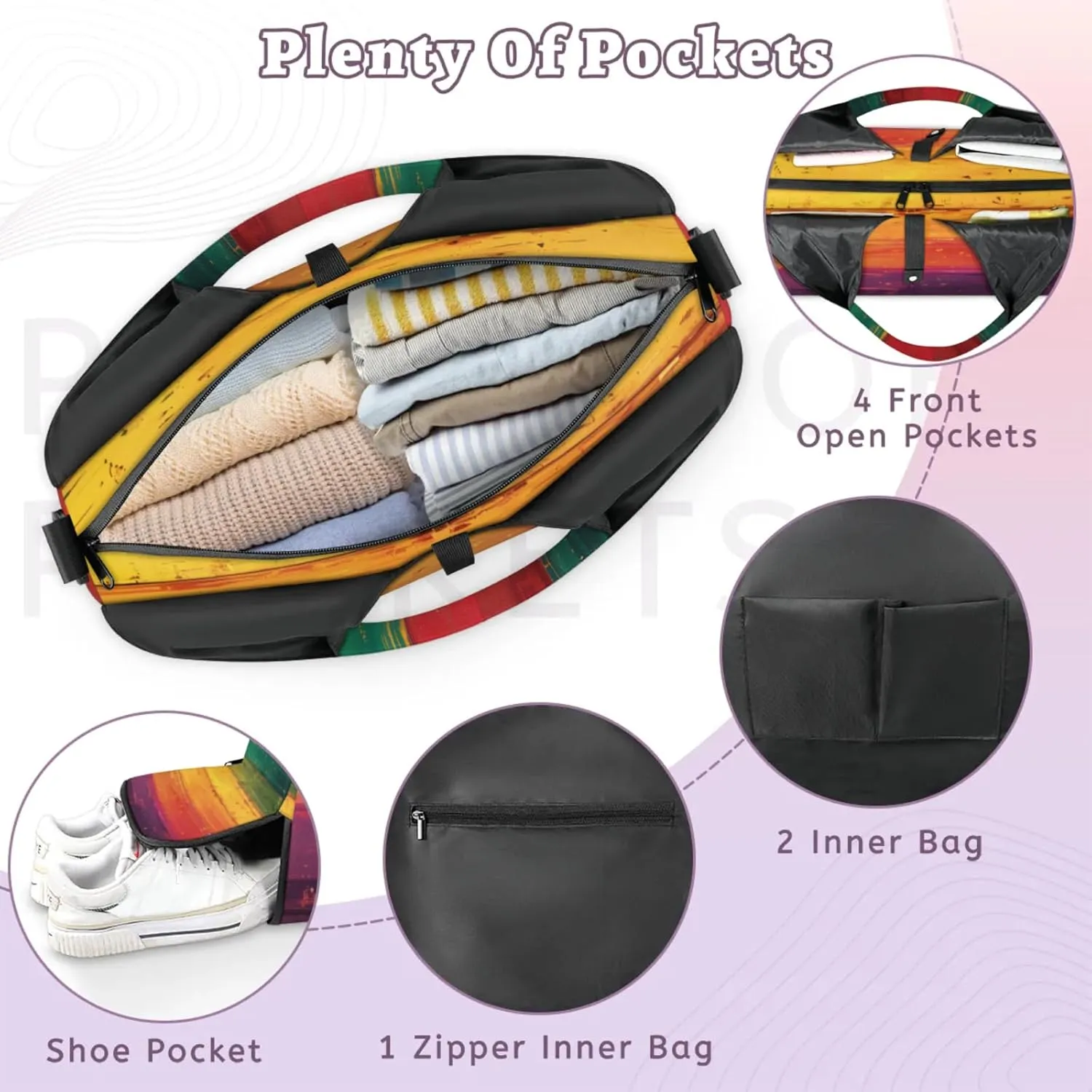 Gym Bag for Women Colorful Wood Board Duffel Bag with Shoe Compartment and Yoga Mat Holder Portable Weekender Bags