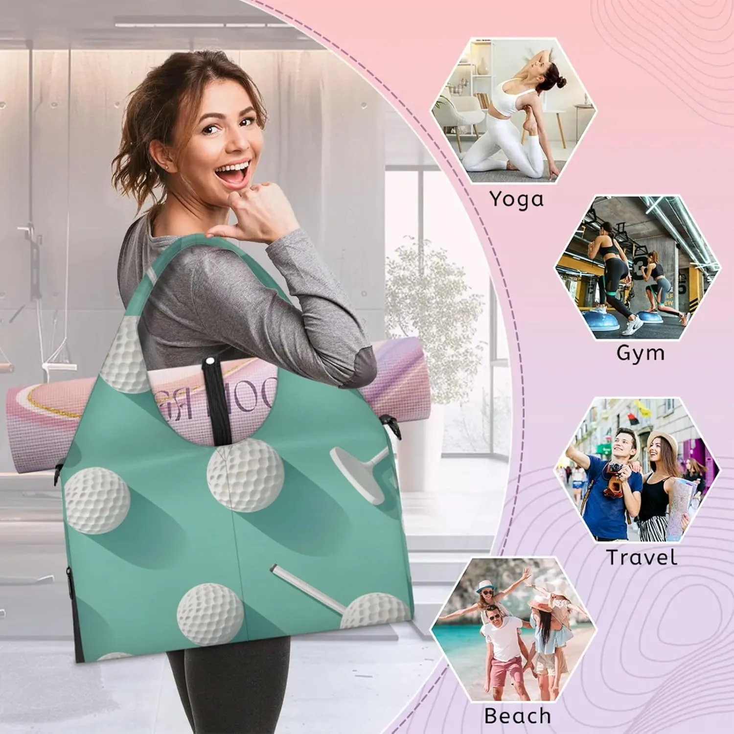 Gym Bag for Women Funny Golf Sport Duffel Bag with Shoe Compartment and Yoga Mat Holder Portable Weekender Bags Travel Tote Bags