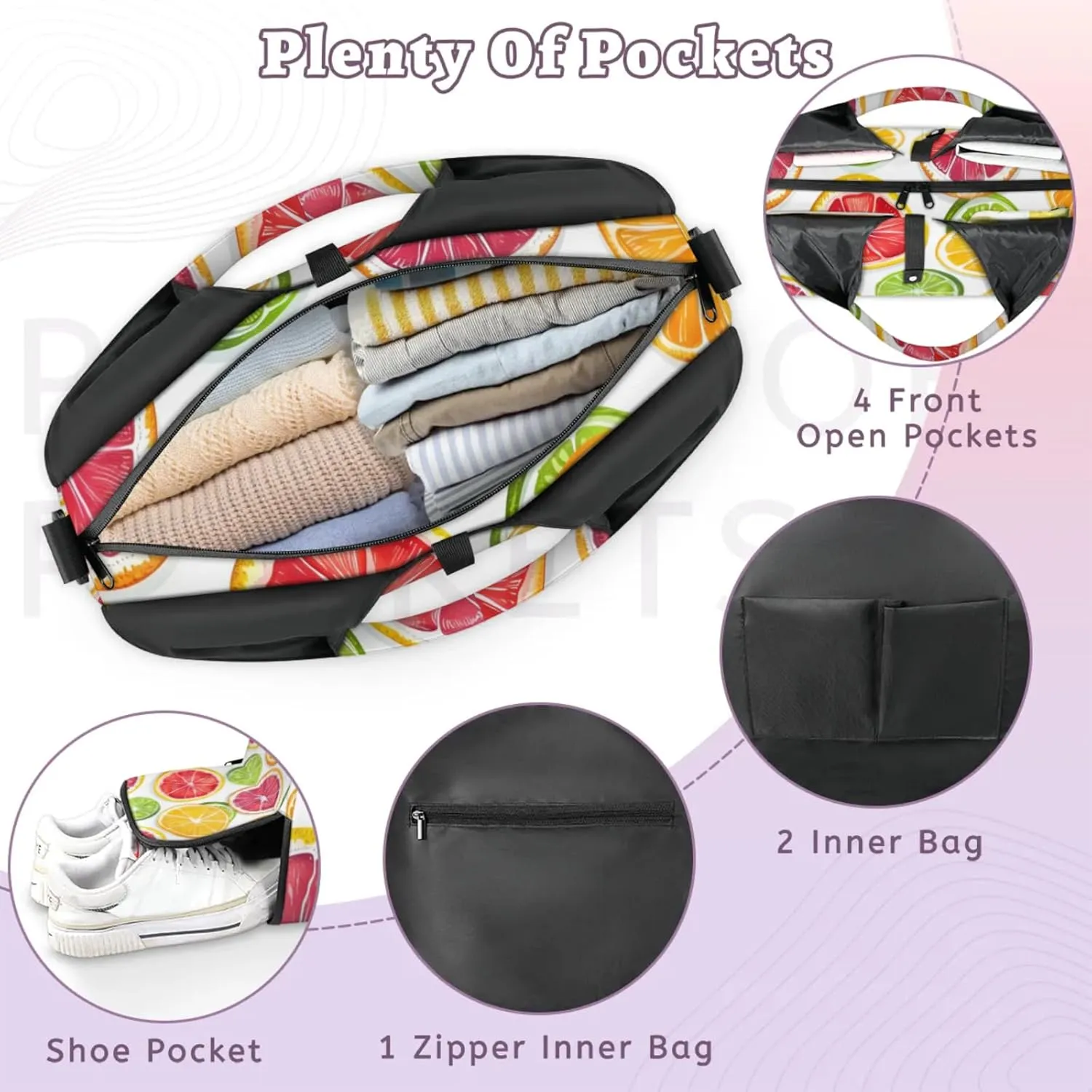 Gym Bag for Women Lemon Orange Slices Duffel Bag with Shoe Compartment and Yoga Mat Holder Portable Weekender Bags Travel Tote Bags