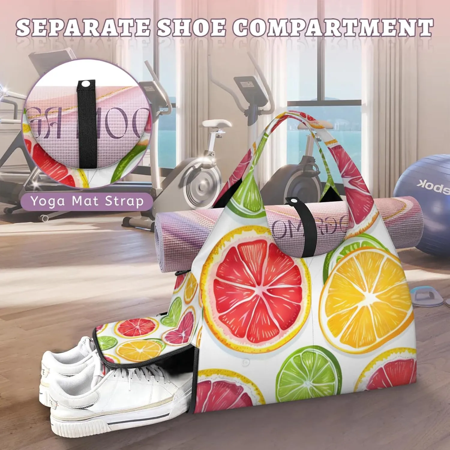 Gym Bag for Women Lemon Orange Slices Duffel Bag with Shoe Compartment and Yoga Mat Holder Portable Weekender Bags Travel Tote Bags