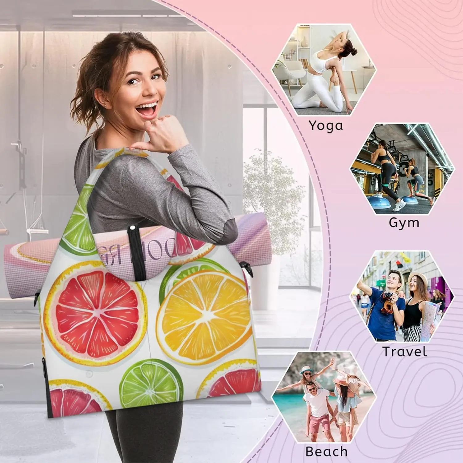 Gym Bag for Women Lemon Orange Slices Duffel Bag with Shoe Compartment and Yoga Mat Holder Portable Weekender Bags Travel Tote Bags