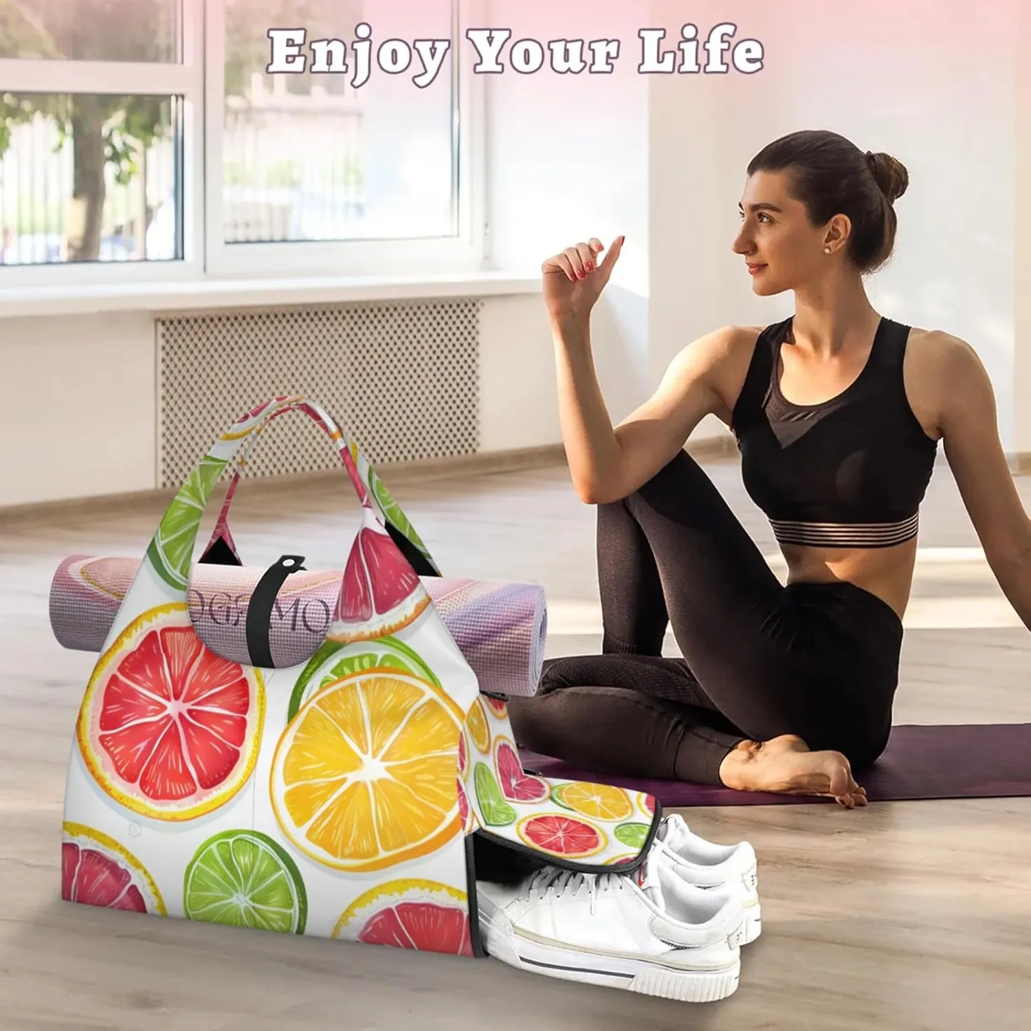 Gym Bag for Women Lemon Orange Slices Duffel Bag with Shoe Compartment and Yoga Mat Holder Portable Weekender Bags Travel Tote Bags