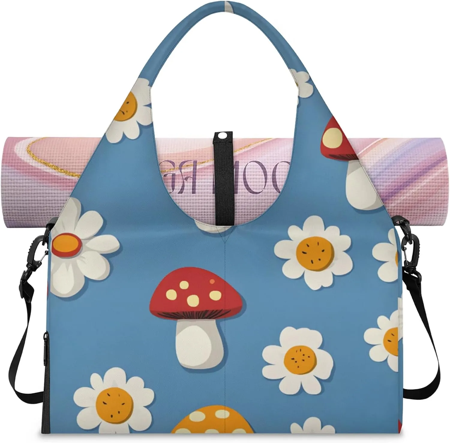 Gym Bag for Women Mushrooms Daisies Duffel Bag with Shoe Compartment and Yoga Mat Holder Portable Weekender Bags Travel Tote Bags