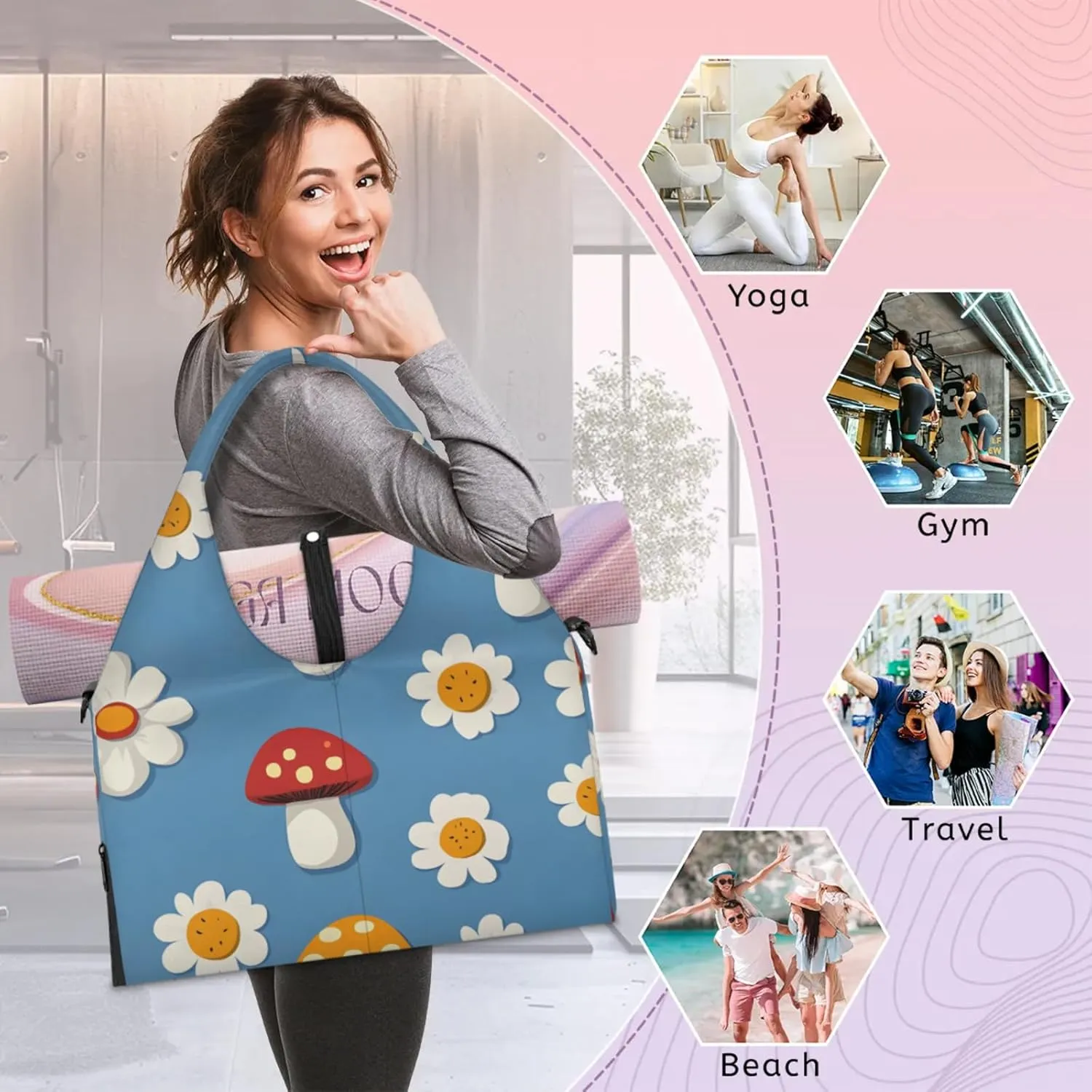 Gym Bag for Women Mushrooms Daisies Duffel Bag with Shoe Compartment and Yoga Mat Holder Portable Weekender Bags Travel Tote Bags