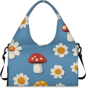 Gym Bag for Women Mushrooms Daisies Duffel Bag with Shoe Compartment and Yoga Mat Holder Portable Weekender Bags Travel Tote Bags