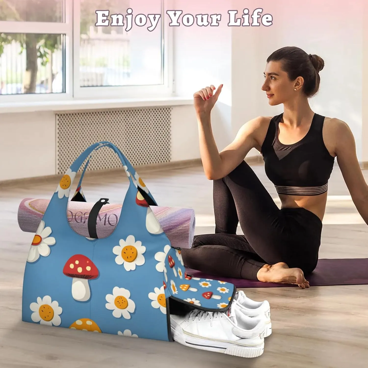 Gym Bag for Women Mushrooms Daisies Duffel Bag with Shoe Compartment and Yoga Mat Holder Portable Weekender Bags Travel Tote Bags