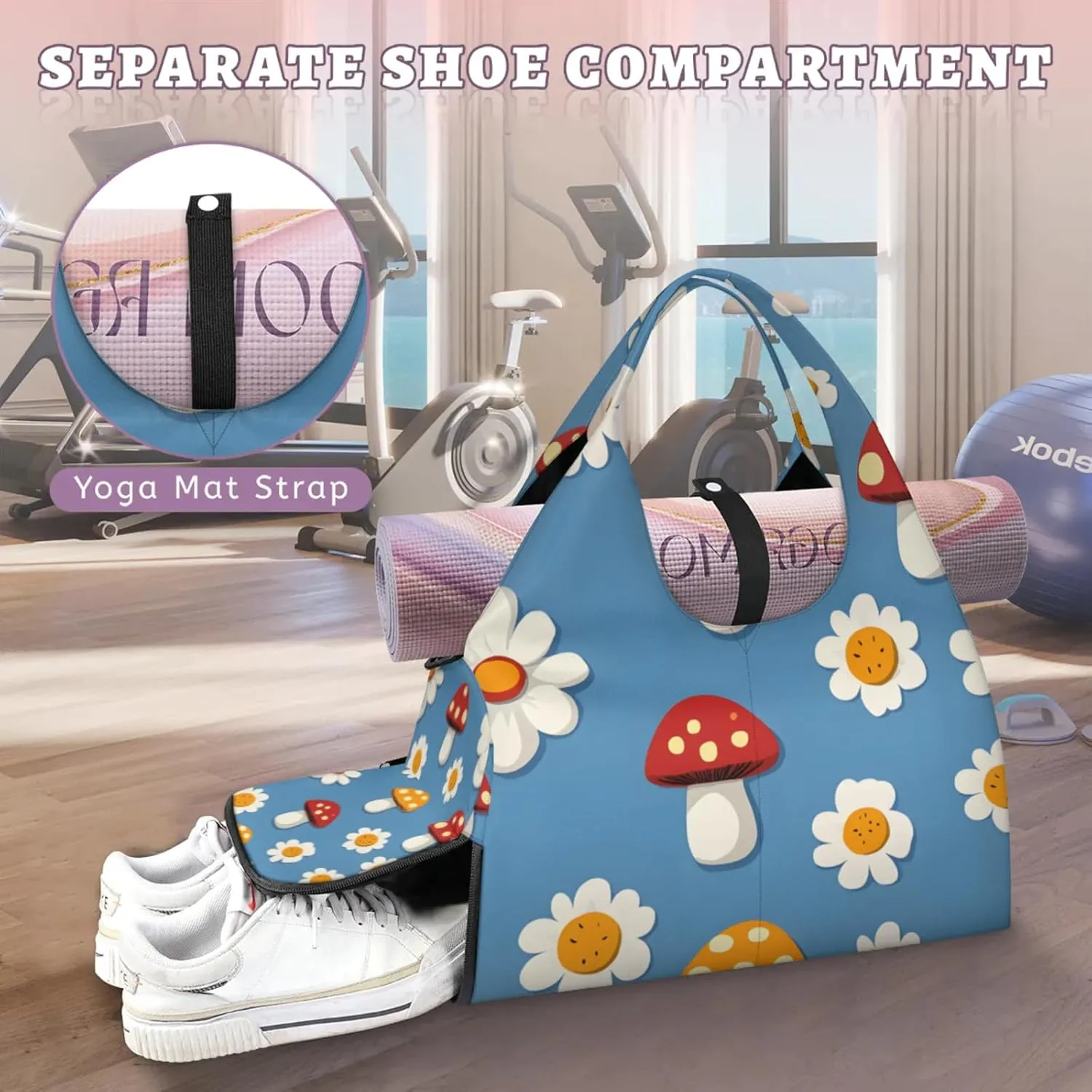Gym Bag for Women Mushrooms Daisies Duffel Bag with Shoe Compartment and Yoga Mat Holder Portable Weekender Bags Travel Tote Bags