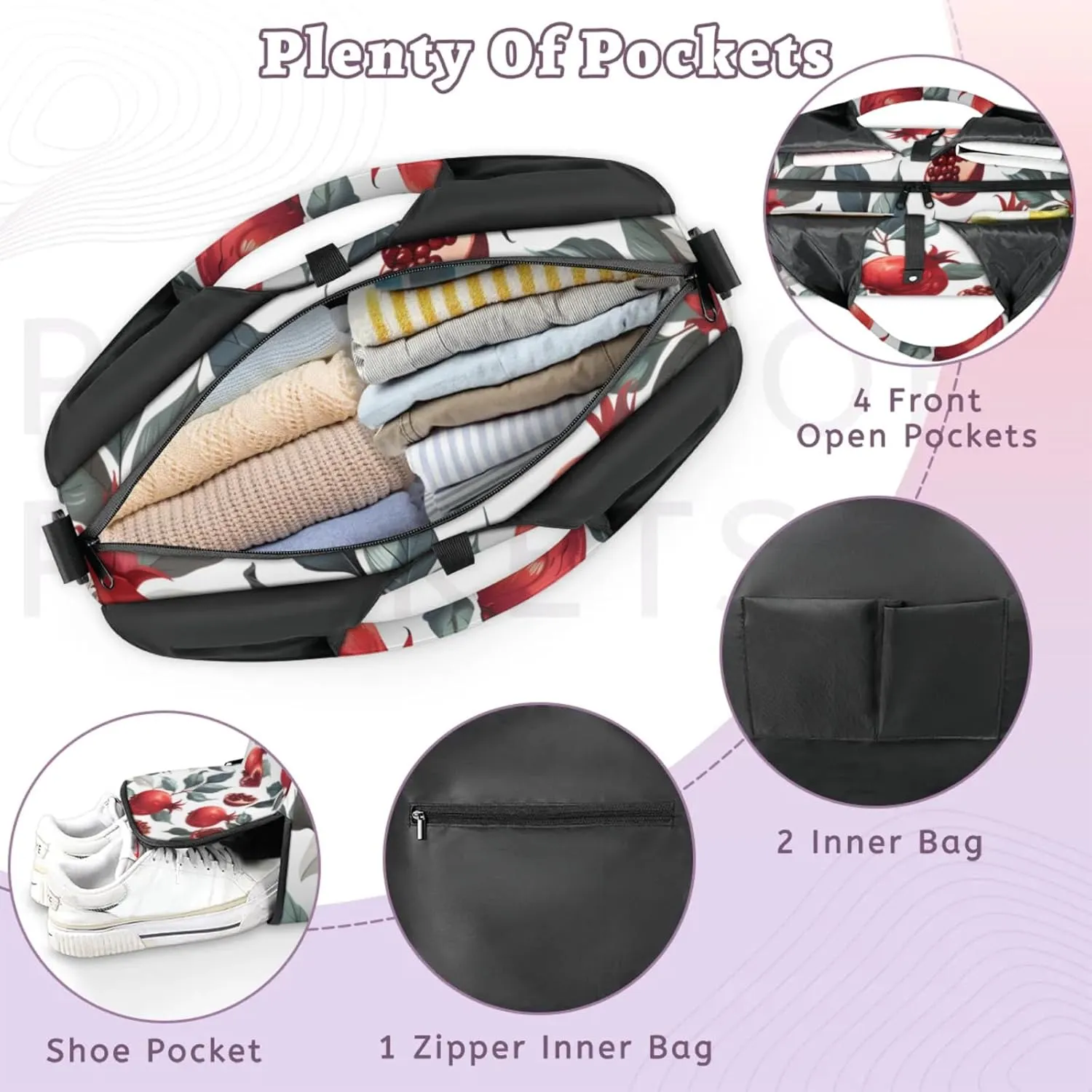 Gym Bag for Women Retro Pomegranate Duffel Bag with Shoe Compartment and Yoga Mat Holder Portable Weekender Bags Travel Tote Bags