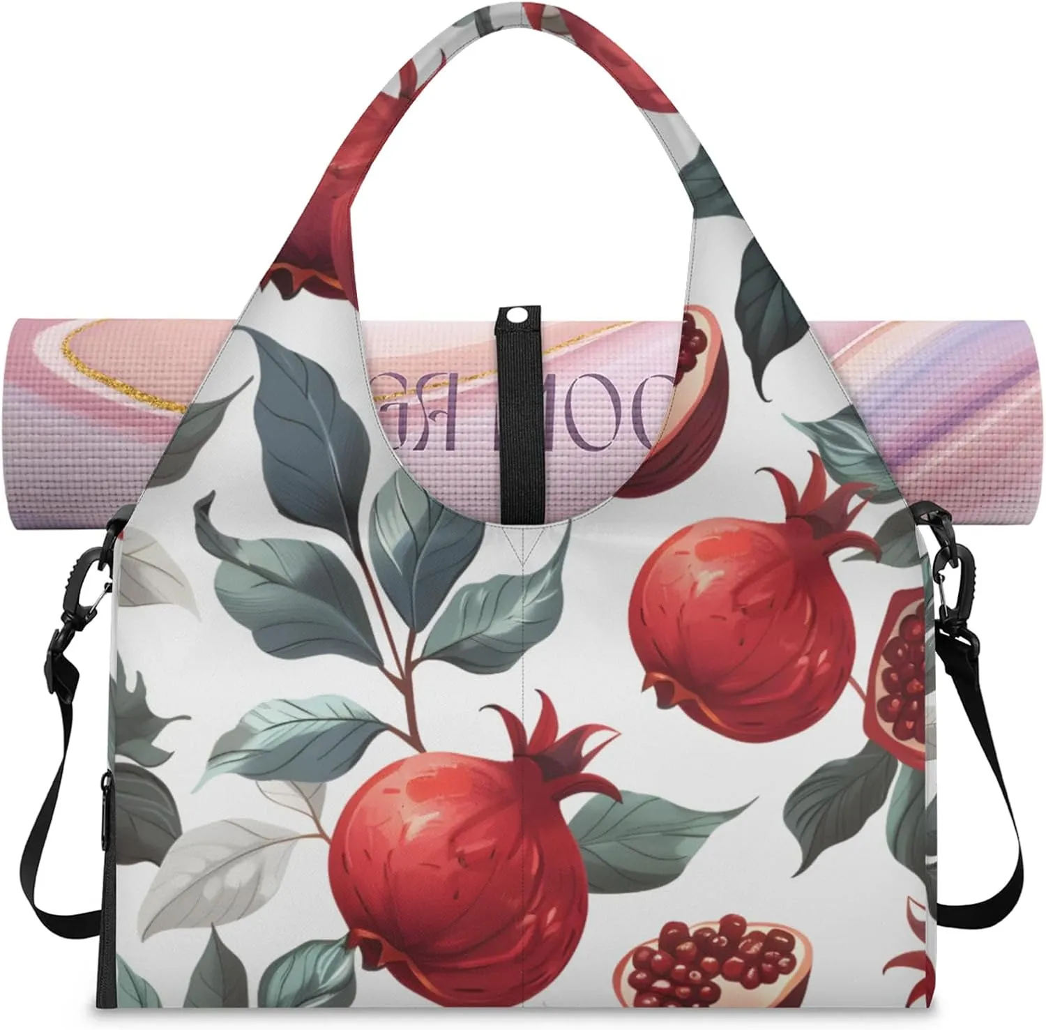Gym Bag for Women Retro Pomegranate Duffel Bag with Shoe Compartment and Yoga Mat Holder Portable Weekender Bags Travel Tote Bags