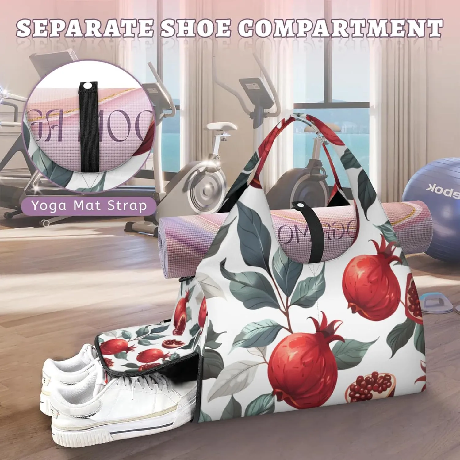 Gym Bag for Women Retro Pomegranate Duffel Bag with Shoe Compartment and Yoga Mat Holder Portable Weekender Bags Travel Tote Bags
