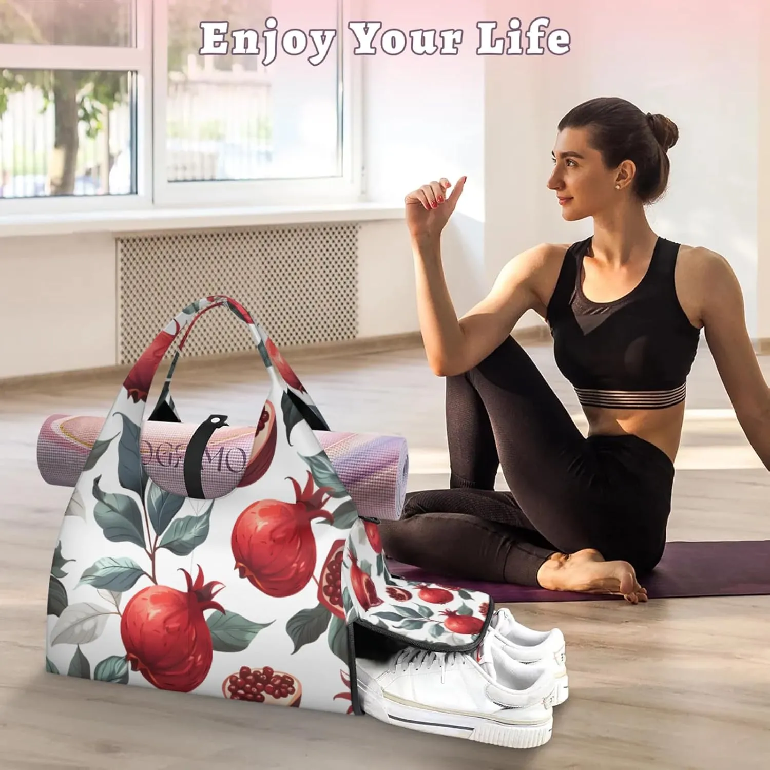 Gym Bag for Women Retro Pomegranate Duffel Bag with Shoe Compartment and Yoga Mat Holder Portable Weekender Bags Travel Tote Bags