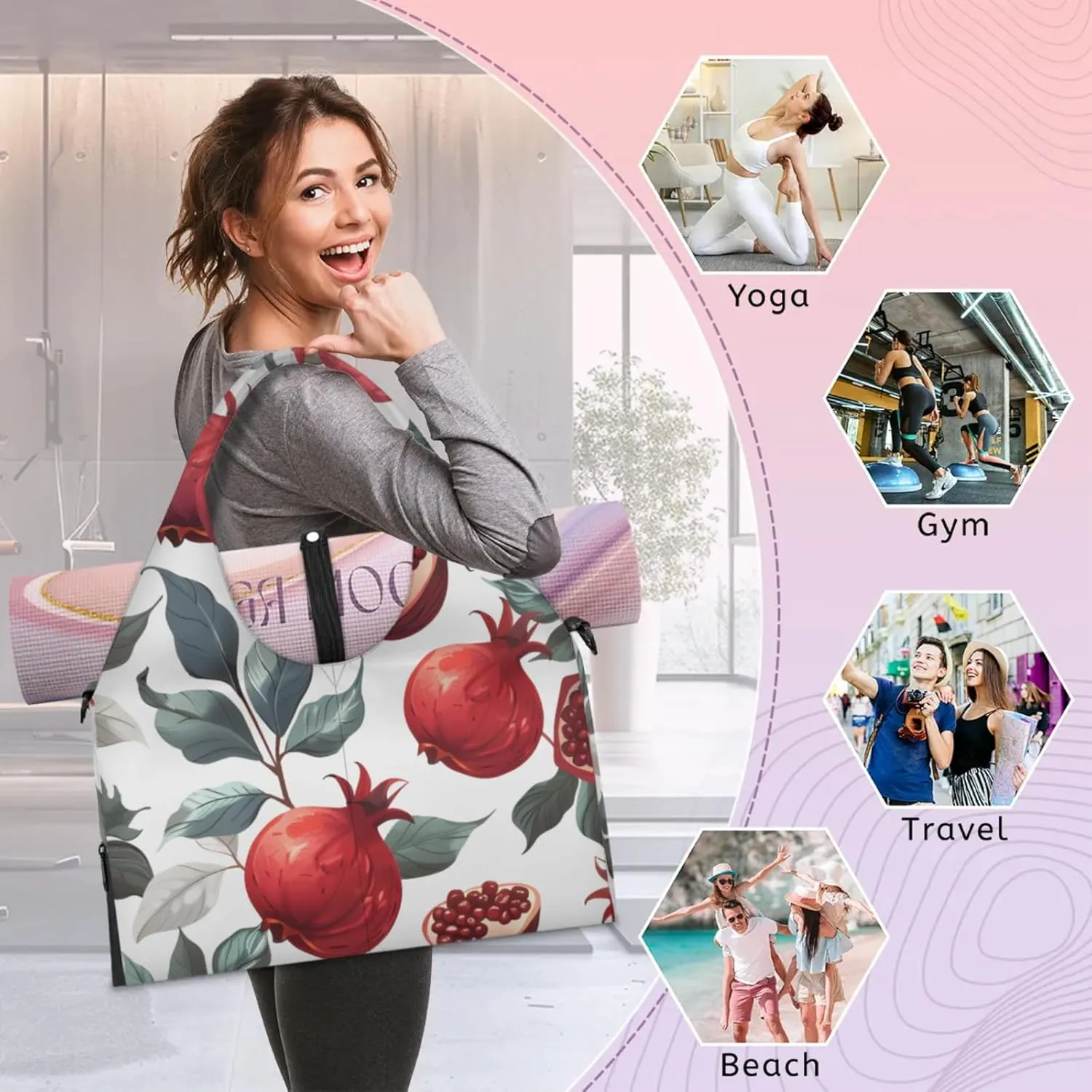 Gym Bag for Women Retro Pomegranate Duffel Bag with Shoe Compartment and Yoga Mat Holder Portable Weekender Bags Travel Tote Bags
