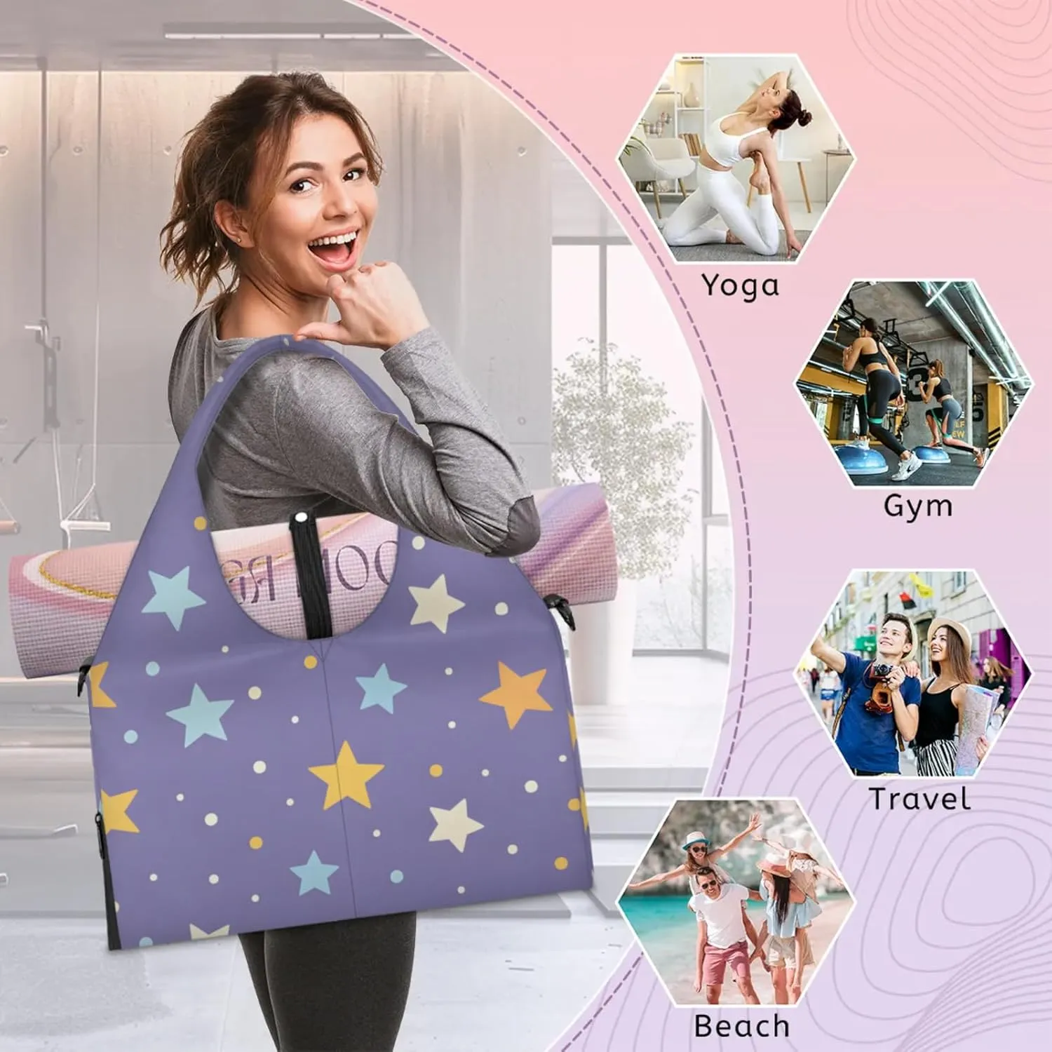 Gym Bag for Women Star Themed Duffel Bag with Shoe Compartment and Yoga Mat Holder Portable Weekender Bags Travel Tote Bags