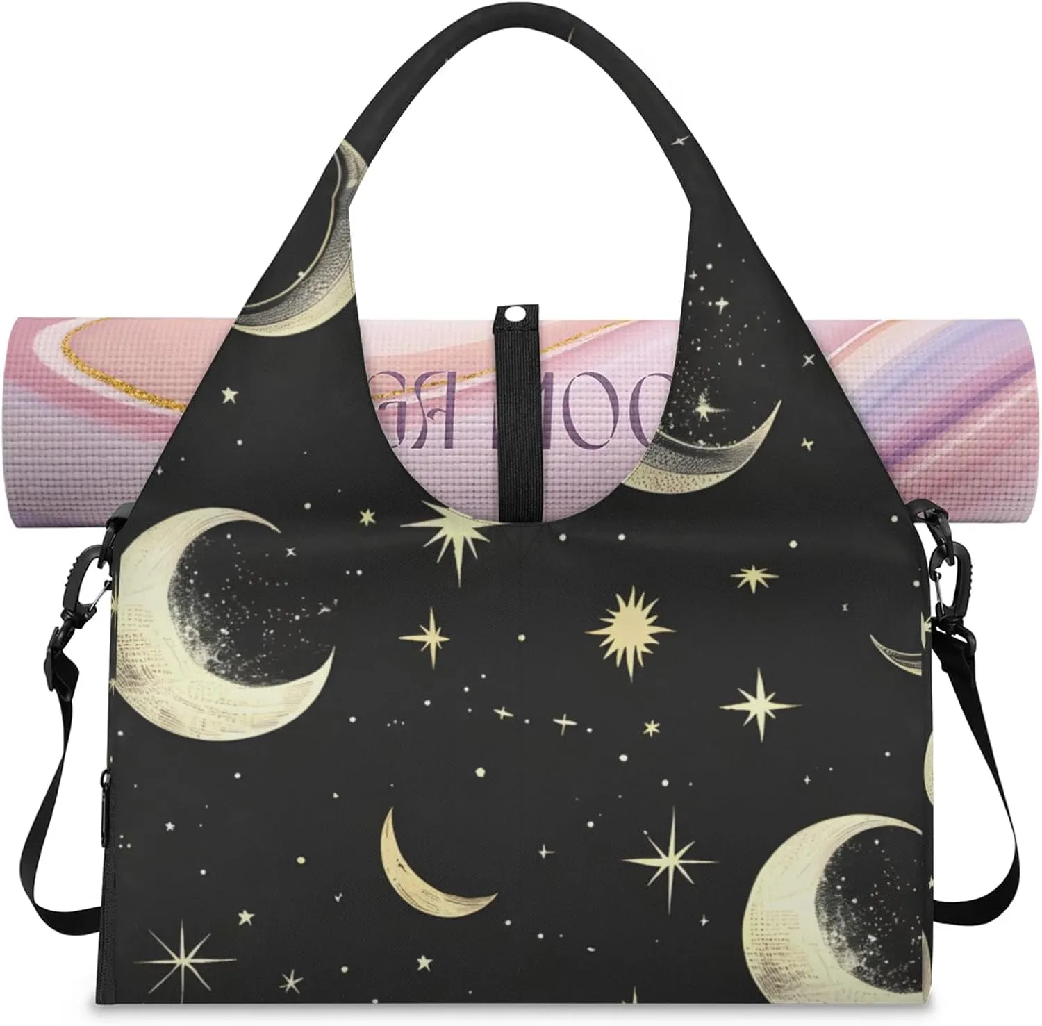 Gym Bag for Women Stars Moon Duffel Bag with Shoe Compartment and Yoga Mat Holder Portable Weekender Bags Travel Tote Bags