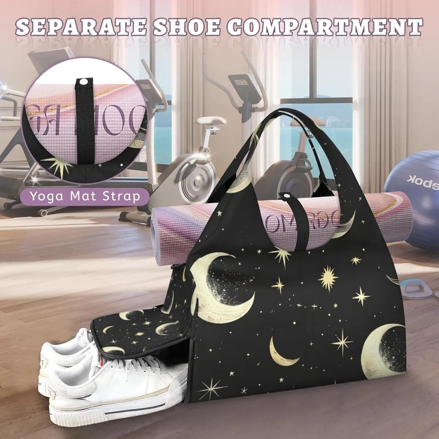 Gym Bag for Women Stars Moon Duffel Bag with Shoe Compartment and Yoga Mat Holder Portable Weekender Bags Travel Tote Bags