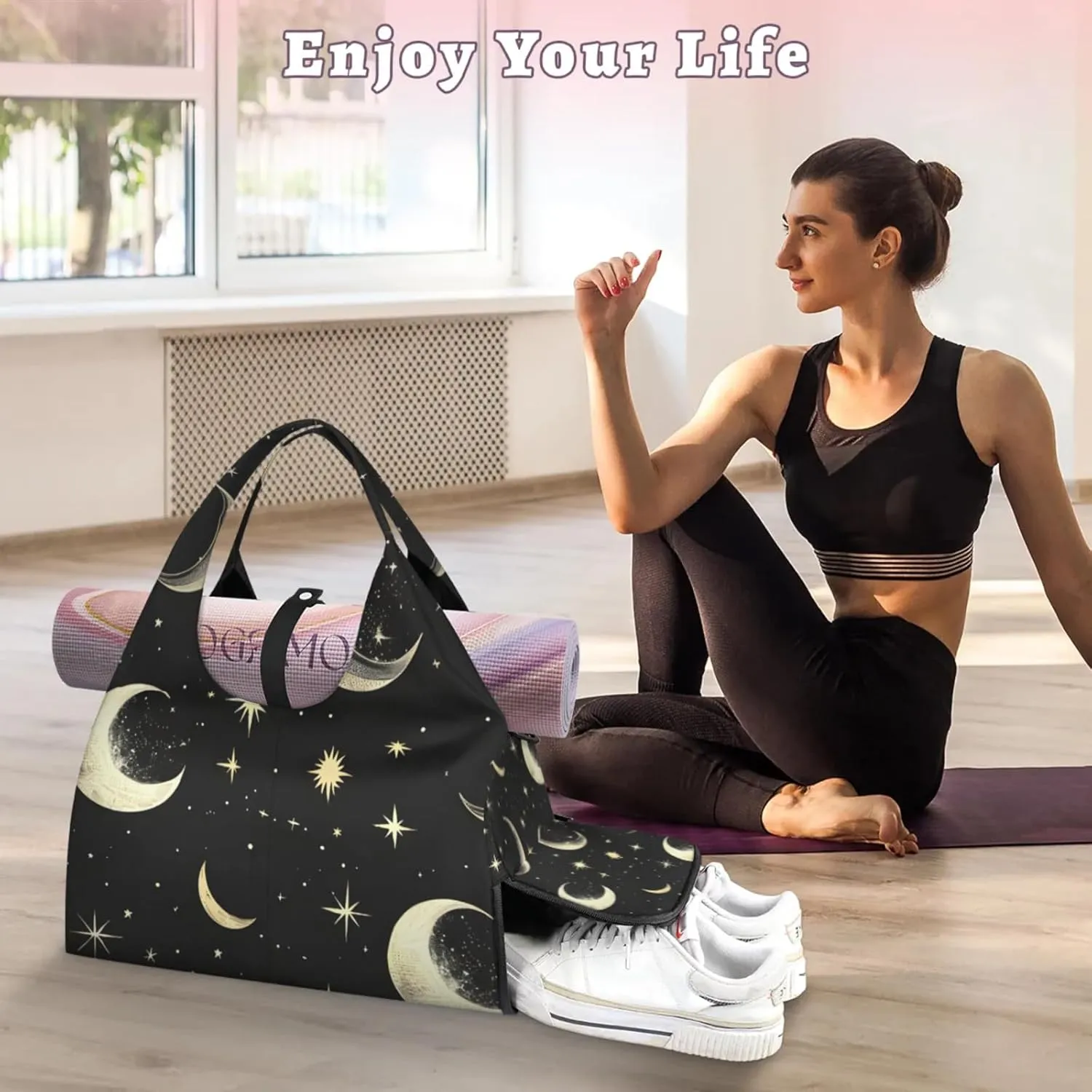 Gym Bag for Women Stars Moon Duffel Bag with Shoe Compartment and Yoga Mat Holder Portable Weekender Bags Travel Tote Bags
