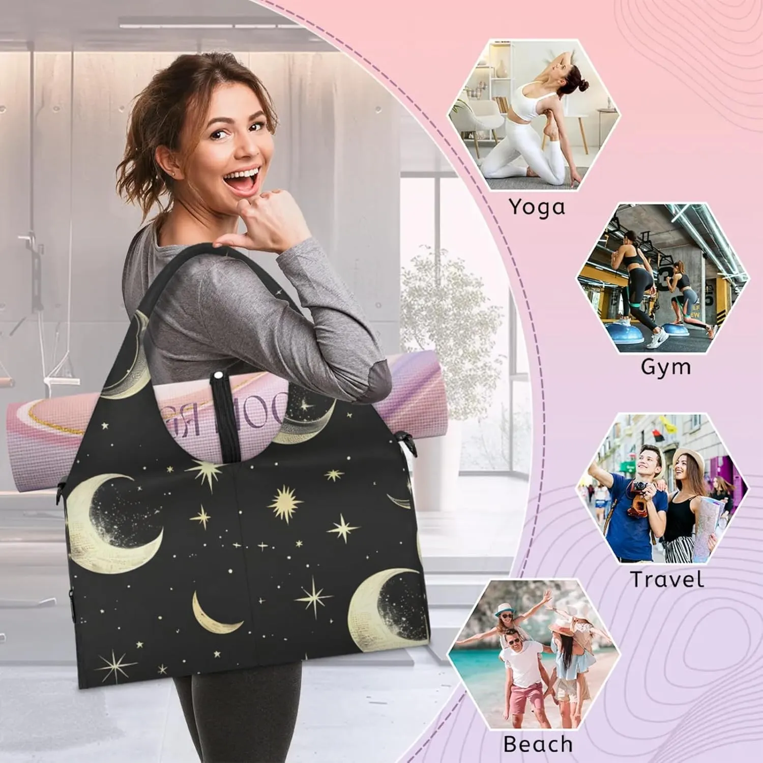 Gym Bag for Women Stars Moon Duffel Bag with Shoe Compartment and Yoga Mat Holder Portable Weekender Bags Travel Tote Bags