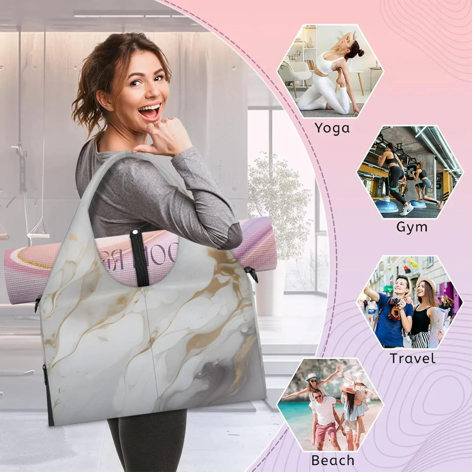 Gym Bag for Women White Marble Duffel Bag with Shoe Compartment and Yoga Mat Holder Portable Weekender Bags Travel Tote Bags