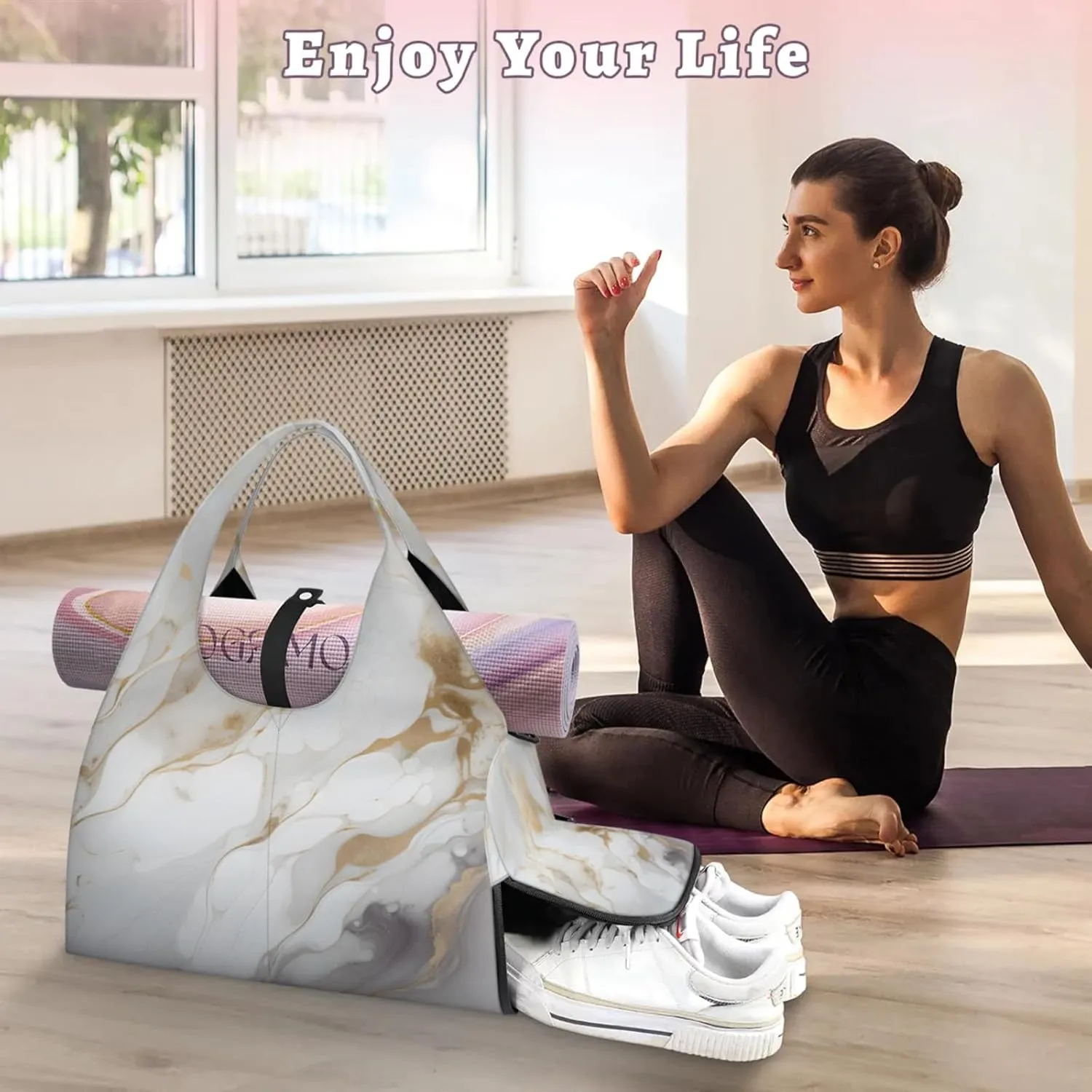 Gym Bag for Women White Marble Duffel Bag with Shoe Compartment and Yoga Mat Holder Portable Weekender Bags Travel Tote Bags