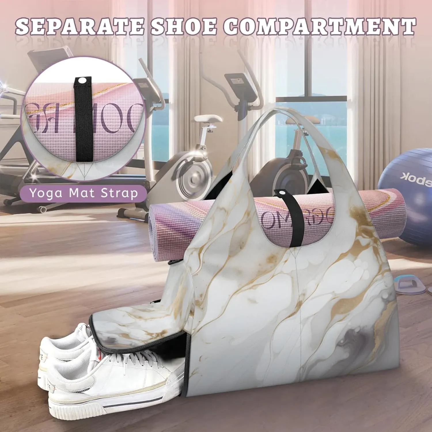 Gym Bag for Women White Marble Duffel Bag with Shoe Compartment and Yoga Mat Holder Portable Weekender Bags Travel Tote Bags