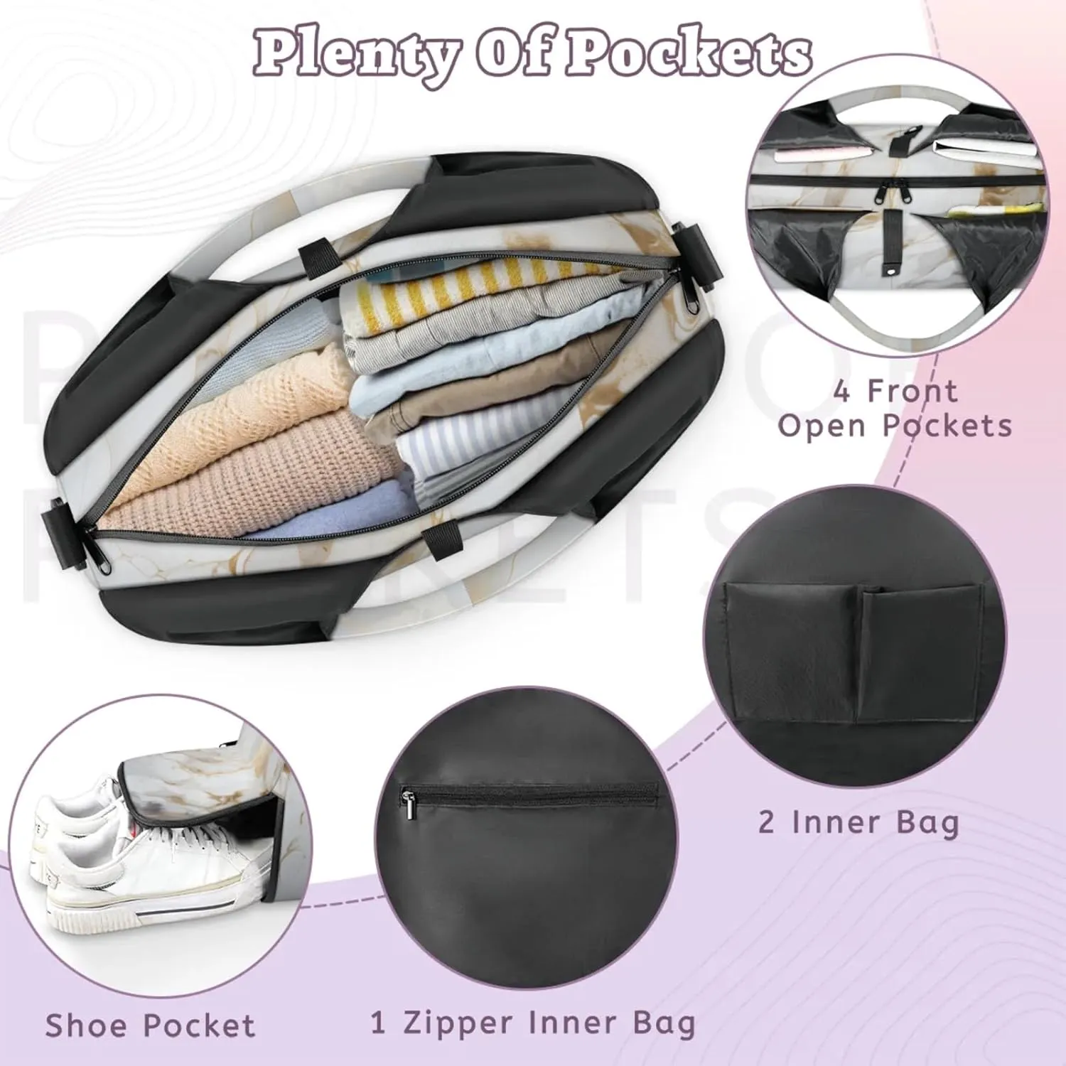 Gym Bag for Women White Marble Duffel Bag with Shoe Compartment and Yoga Mat Holder Portable Weekender Bags Travel Tote Bags