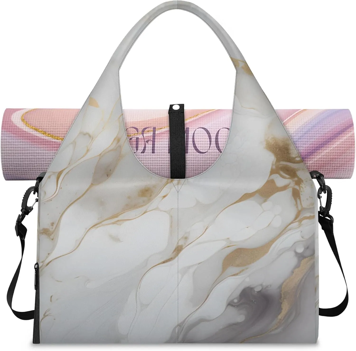 Gym Bag for Women White Marble Duffel Bag with Shoe Compartment and Yoga Mat Holder Portable Weekender Bags Travel Tote Bags