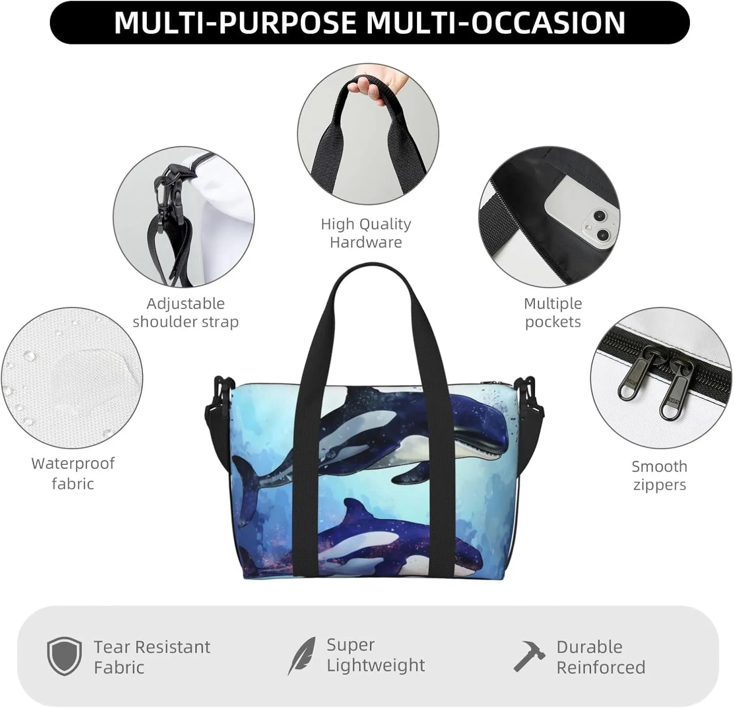 Gym Bag Orca Killer Whale Duffel Bag for Men Women Travel Overnight Bag with Shoe Compartment Workout Bags