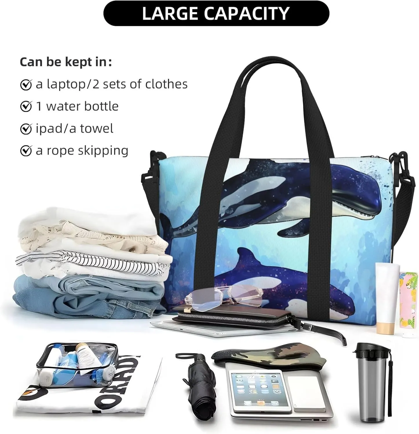 Gym Bag Orca Killer Whale Duffel Bag for Men Women Travel Overnight Bag with Shoe Compartment Workout Bags