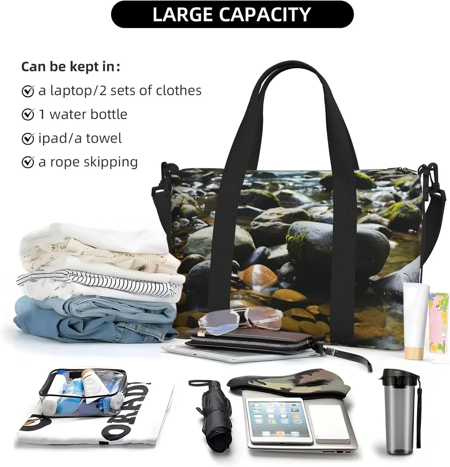 Gym Bag Stream stones Duffel Bag for Men Women Travel Overnight Bag with Shoe Compartment Workout Bags