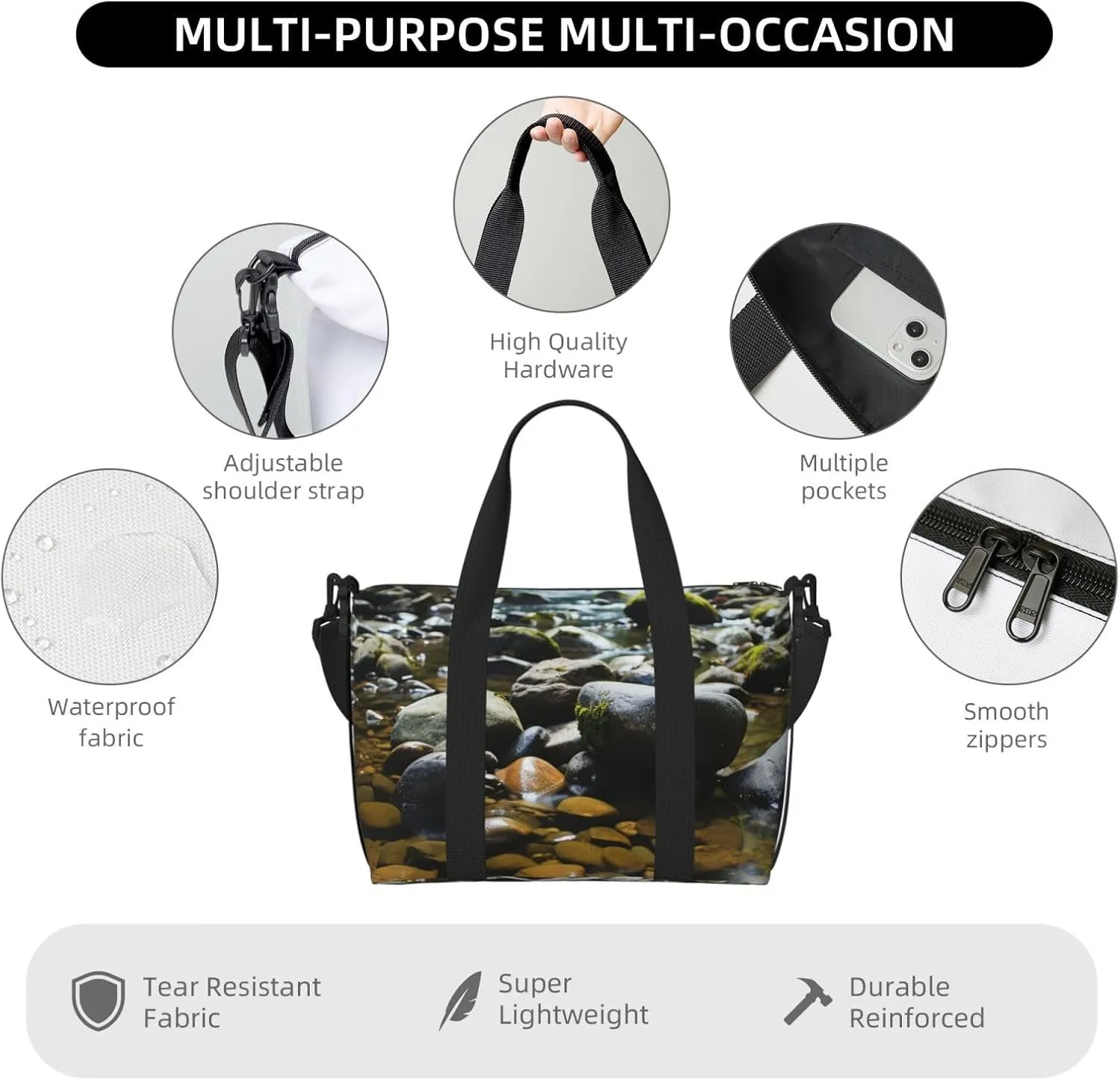 Gym Bag Stream stones Duffel Bag for Men Women Travel Overnight Bag with Shoe Compartment Workout Bags