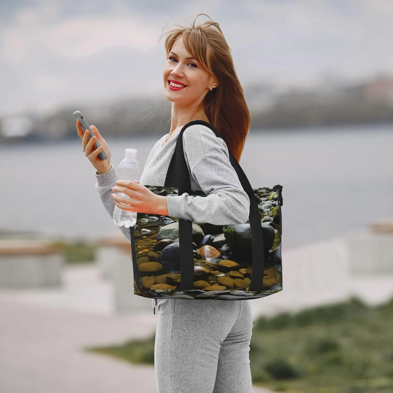 Gym Bag Stream stones Duffel Bag for Men Women Travel Overnight Bag with Shoe Compartment Workout Bags