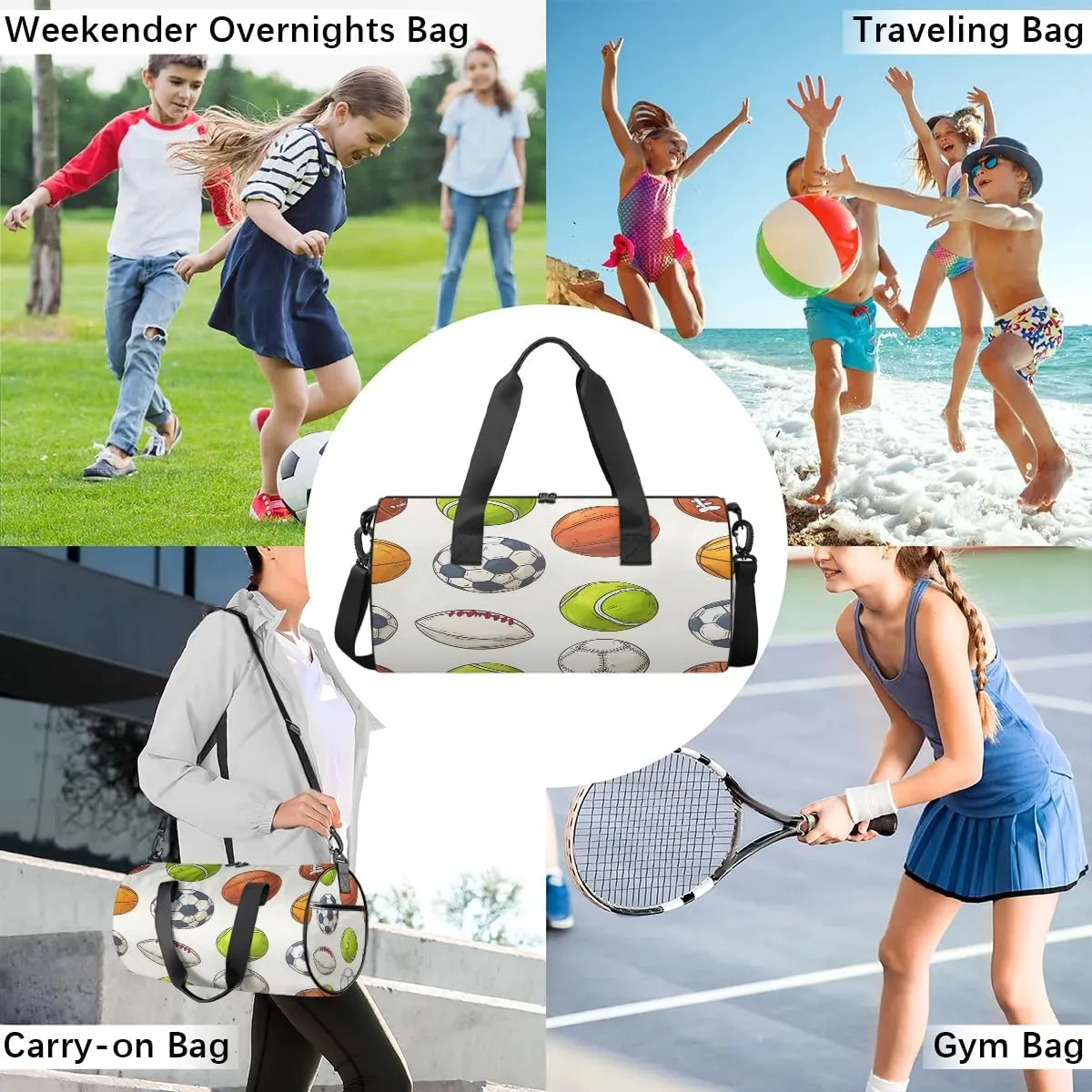 Gym Bags for Men Women Balls Print Sports Duffel Bags Carry On Travel Duffle Bag with Detachable Adjustable Shoulder Strap Overnight Weekender Bag
