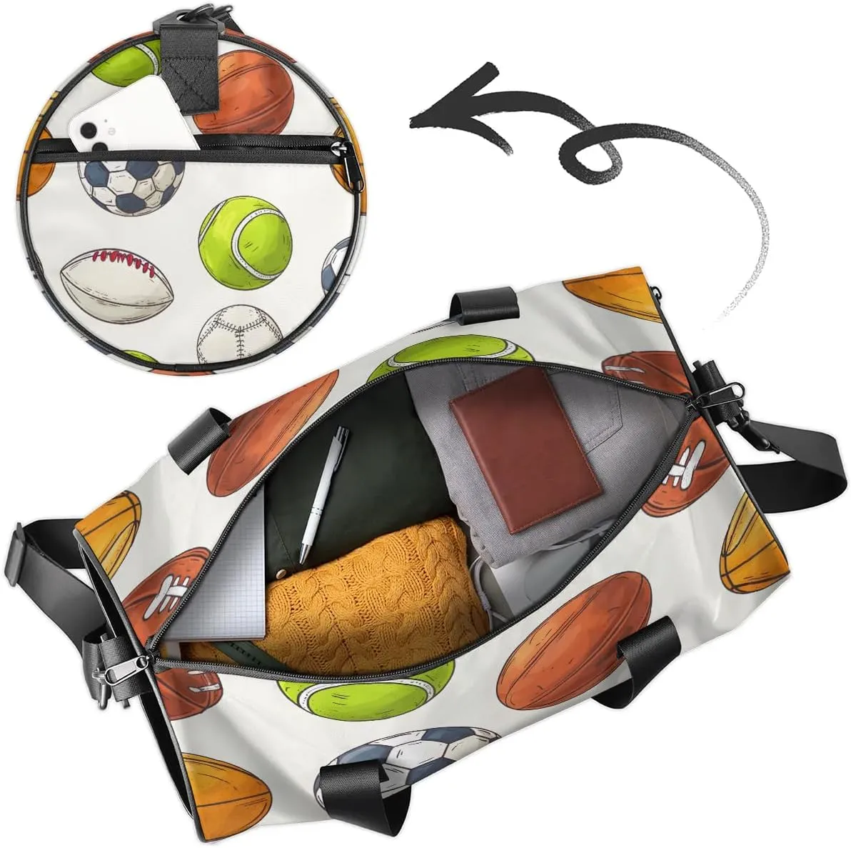 Gym Bags for Men Women Balls Print Sports Duffel Bags Carry On Travel Duffle Bag with Detachable Adjustable Shoulder Strap Overnight Weekender Bag