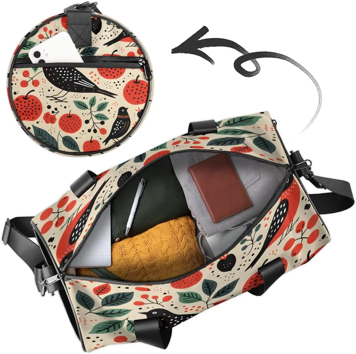 Gym Bags for Men Women Bird Fruit Sports Duffel Bags Carry On Travel Duffle Bag with Detachable Adjustable Shoulder Strap Overnight Weekender Bag