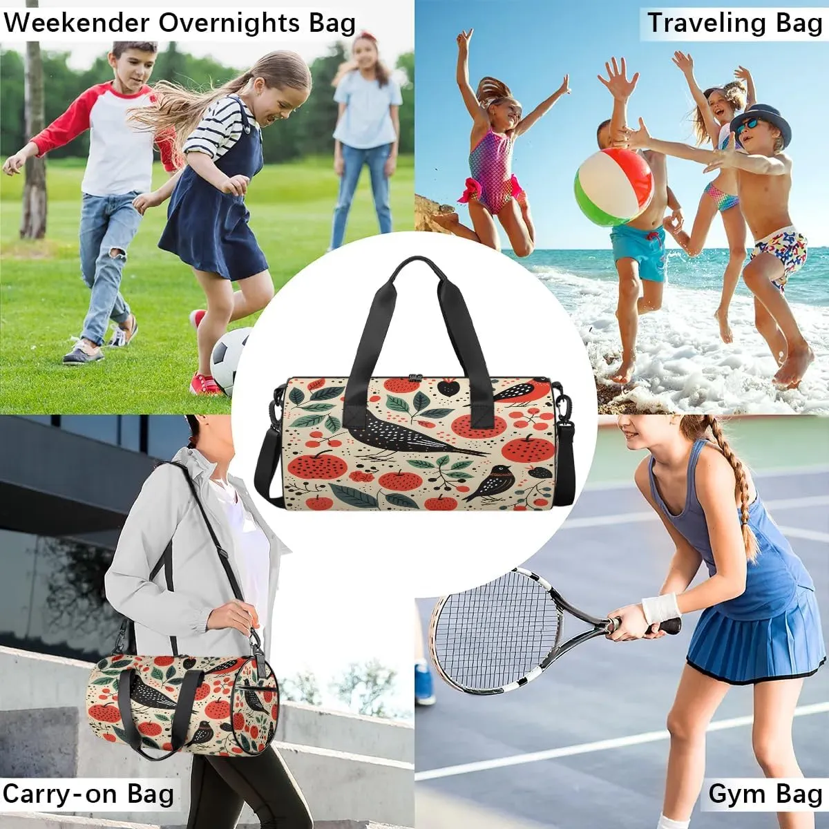 Gym Bags for Men Women Bird Fruit Sports Duffel Bags Carry On Travel Duffle Bag with Detachable Adjustable Shoulder Strap Overnight Weekender Bag