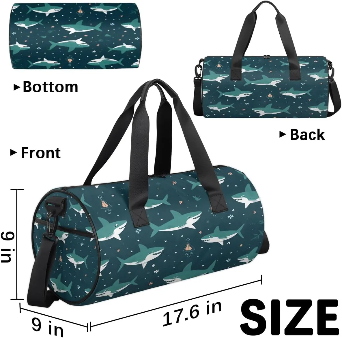 Gym Bags for Men Women Cute Shark Sports Duffel Bags Carry On Travel Duffle Bag with Detachable Adjustable Shoulder Strap Overnight Weekender Bag
